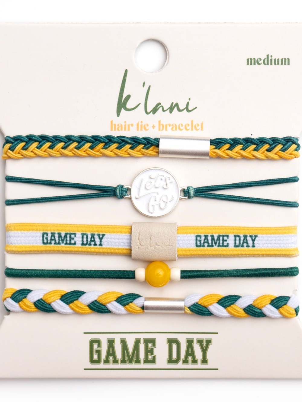 K’lani Game Day Green and Yellow Hair Tie & Bracelet Set, NWT